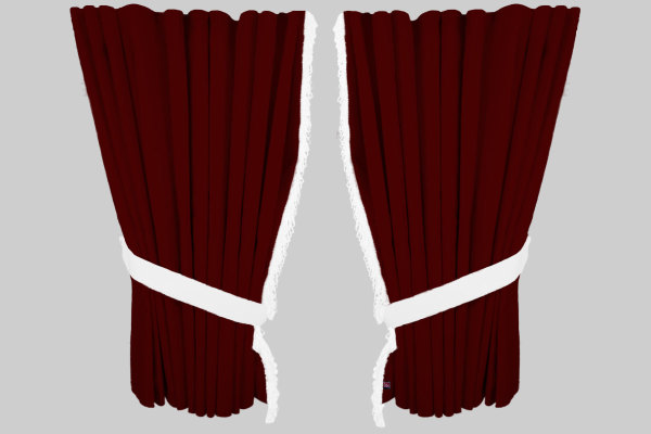 Suede look truck window curtains 4 pieces, with fringes bordeaux white Length 95 cm