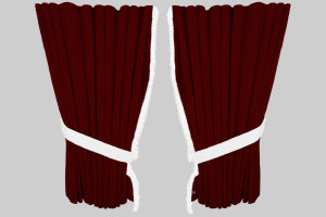 Suede look truck window curtains 4 pieces, with fringes bordeaux white Length 110 cm