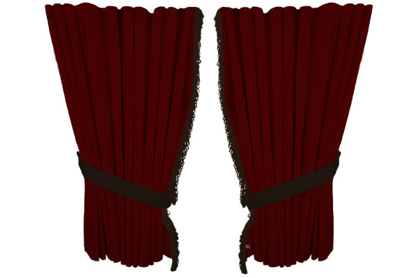 Suede look truck window curtains 4 pieces, with fringes bordeaux brown Length 95 cm