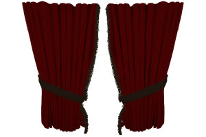 Suede look truck window curtains 4 pieces, with fringes bordeaux brown Length 95 cm
