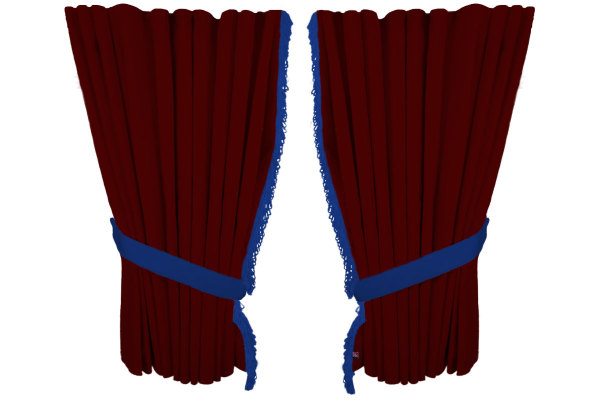 Suede look truck window curtains 4 pieces, with fringes bordeaux blue Length 95 cm