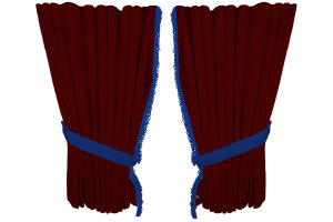 Suede look truck window curtains 4 pieces, with fringes bordeaux blue Length 95 cm