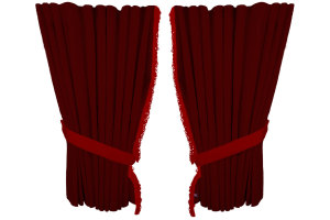 Suede look truck window curtains 4 pieces, with fringes bordeaux red Length 95 cm