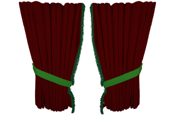 Suede look truck window curtains 4 pieces, with fringes bordeaux green Length 95 cm