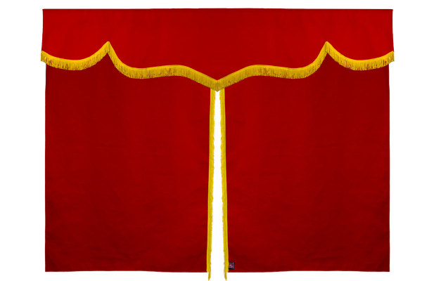 Sänggardin i mockalook med fransar, 3-delad röd gul Längd 149 cm