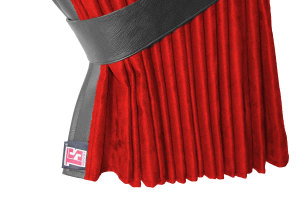 Suede-look truck window curtains 4-piece, with imitation leather edge red anthracite* Length 95 cm