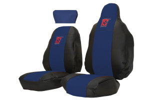 Geschikt voor Scania*: S &amp; R (2016-...) HollandLine stoelhoezen met TS logo, bestuurdersstoel RECARO, bijrijdersstoel extra hoofdsteun - blauw