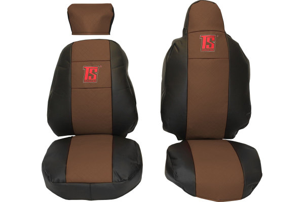 Geschikt voor Scania*: S & R (2016-...) HollandLine stoelhoezen met TS logo, bestuurdersstoel RECARO, bijrijdersstoel extra hoofdsteun - bruin