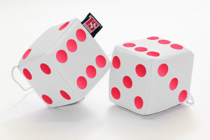 Truck cube, 12 x 12 cm, made of artificial leather, with drawstring (fuzzy dice) white red