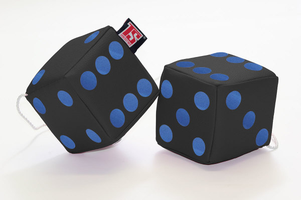 Truck dobbelstenen, 12 x 12 cm, gemaakt van imitatieleer, met koord (fuzzy dice) zwart* blauw