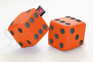 Truck cube, 12 x 12 cm, made of artificial leather, with drawstring (fuzzy dice) orange black