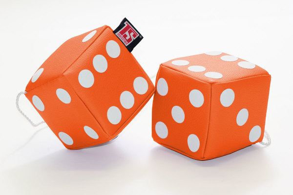 Truck cube, 12 x 12 cm, made of artificial leather, with drawstring (fuzzy dice) orange white