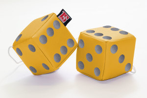 Truck cube, 12 x 12 cm, made of artificial leather, with drawstring (fuzzy dice) yellow grey