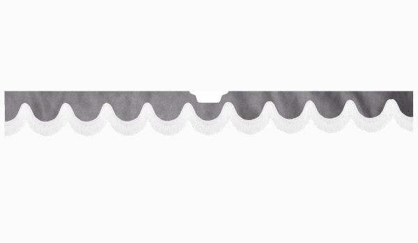 Fits Scania*: S (2016-...) suede look truck windshield border with cutout for windshield sensor with fringes bow-shape grey white