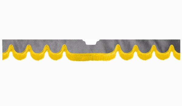 Fits Scania*: S (2016-...) suede look truck windshield border with cutout for windshield sensor with fringes Wave-shape grey yellow