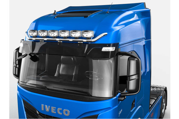 Adatto per Iveco*: S-Way (2019-...) - tetto alto - staffa per fari in acciaio inox "V-MAX" - con set di luci a 5 LED (montaggio incluso)