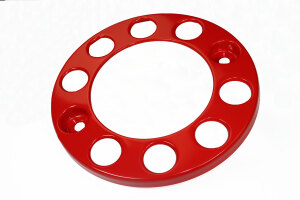 Anello copriruota per camion - aperto allinterno - 10 fori - acciaio inox - cerchio da 22,5 pollici - verniciato a polvere - colore rosso