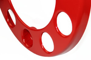 Anello copriruota per camion - aperto allinterno - 10 fori - acciaio inox - cerchio da 22,5 pollici - verniciato a polvere - colore rosso