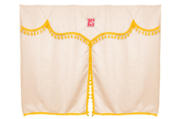 Tende da letto per camion 3 pezzi con pompon beige giallo Lunghezza 150 cm