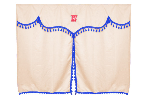 Vrachtwagen gordijnen 3 stuks met pompons beige blauw Lengte 150 cm