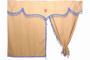 Vrachtwagen gordijnen 3 stuks met pompons beige blauw Lengte 150 cm