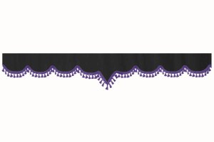 Disco in camoscio con pompon in nappina, doppia lavorazione antracite-nero-lilla, forma a V 23 cm
