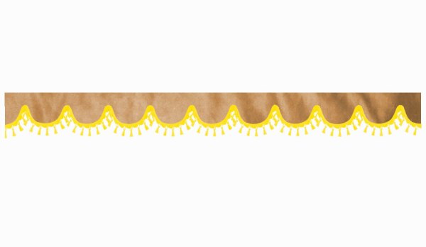 Wildlederoptik Lkw Scheibenbordüre mit Quastenbommel, doppelt verarbeitet caramel gelb Bogenform 23 cm