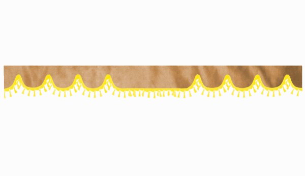 Wildlederoptik Lkw Scheibenbordüre mit Quastenbommel, doppelt verarbeitet caramel gelb Wellenform 23 cm