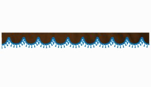 Wildlederoptik Lkw Scheibenbordüre mit Quastenbommel, doppelt verarbeitet dunkelbraun blau Bogenform 23 cm