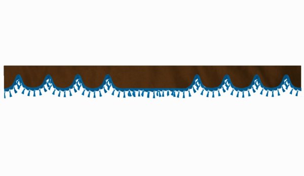 Skivbård med tofs och pompom, dubbelarbetad mörkbrun blå vågformad 23 cm