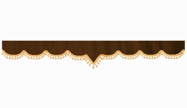 Skivbård i mockalook med tofs och pompom, dubbelarbetad mörkbrun karamell V-form 23 cm