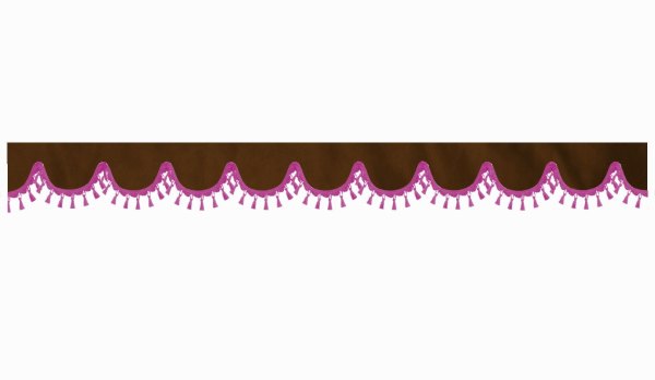 Wildlederoptik Lkw Scheibenbordüre mit Quastenbommel, doppelt verarbeitet dunkelbraun pink Bogenform 23 cm