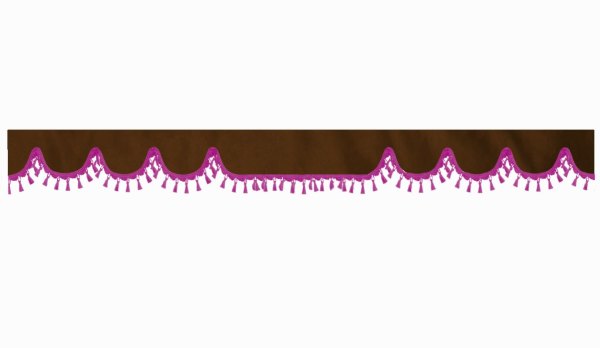 Wildlederoptik Lkw Scheibenbordüre mit Quastenbommel, doppelt verarbeitet dunkelbraun pink Wellenform 23 cm