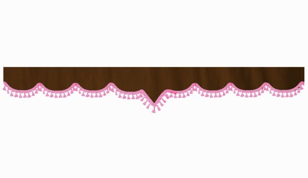 Wildlederoptik Lkw Scheibenbordüre mit Quastenbommel, doppelt verarbeitet dunkelbraun pink V-Form 23 cm