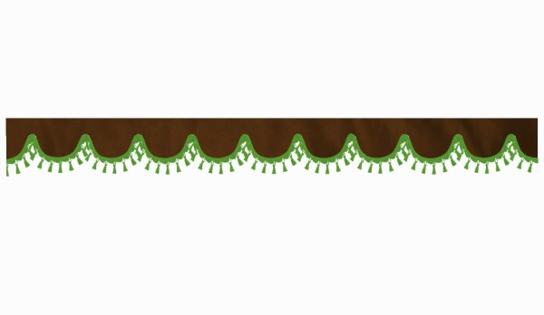 Wildlederoptik Lkw Scheibenbordüre mit Quastenbommel, doppelt verarbeitet dunkelbraun grün Bogenform 23 cm