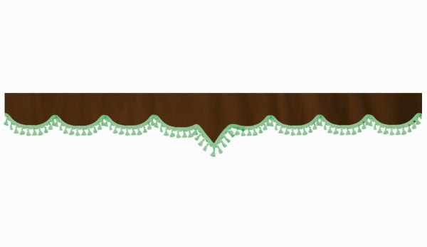 Disco in camoscio con pompon in nappina, doppia lavorazione marrone scuro verde, forma a V 23 cm
