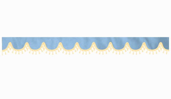 Skivbård med tofs och pompom, dubbelbearbetad ljusblå beige bågform 23 cm
