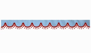 Skivbård i mockalook med tofs och pompom, dubbelbearbetad ljusblå röd bågform 23 cm