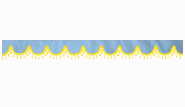 Skivbård med tofs och pompom, dubbelbearbetad ljusblå gul bågform 23 cm