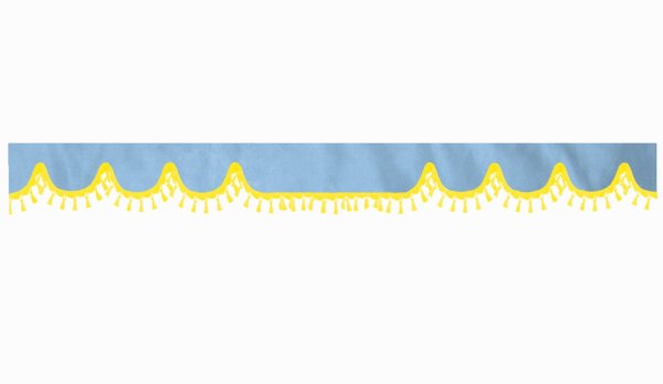 Skivbård med tofs och pompom, dubbelbearbetad ljusblå gul vågform 23 cm