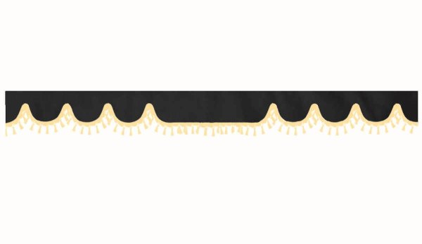 Skivbård i mockalook med tofsad pompom, dubbelbearbetad antracit-svart beige böjd form 18 cm