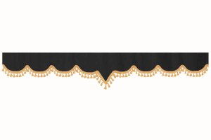 Skivbård i mockalook med tofsad pompom, dubbelarbetad antracit-svart karamell V-form 18 cm