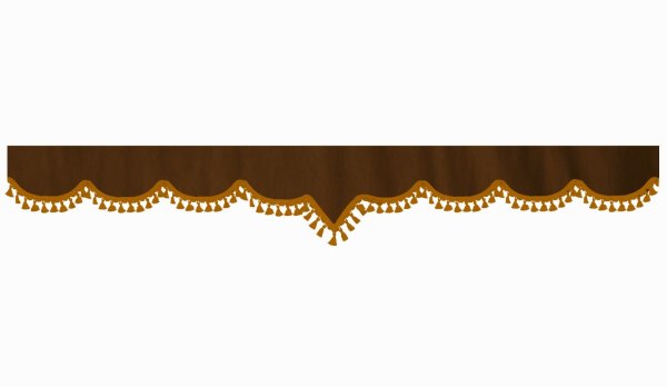 Disco in camoscio con pompon in nappina, doppia lavorazione, marrone scuro, forma a V 18 cm