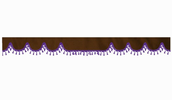 Skivbård med tofs och pompom, dubbelarbetad mörkbrun lila vågform 18 cm