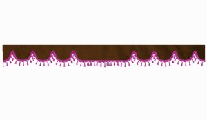 Wildlederoptik Lkw Scheibenbord&uuml;re mit Quastenbommel, doppelt verarbeitet dunkelbraun pink Wellenform 18 cm