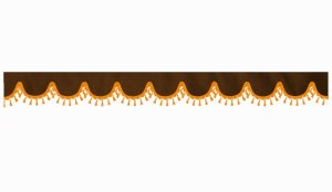 Wildlederoptik Lkw Scheibenbordüre mit Quastenbommel, doppelt verarbeitet dunkelbraun orange Bogenform 18 cm