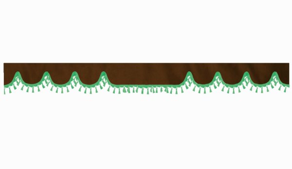 Skivbård med tofs och pompom, dubbelarbetad mörkbrun grön vågformad 18 cm