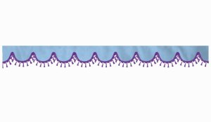 Skivbård med tofs och pompom, dubbelarbetad ljusblå lila bågform 18 cm