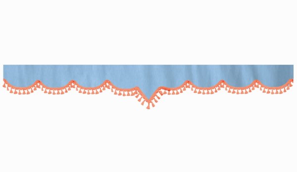 Skivbård med tofs och pompom, dubbelarbetad ljusblå-orange V-form 18 cm
