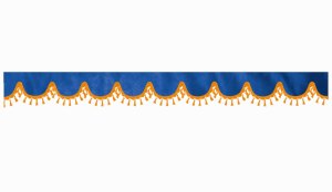 Skivbård med tofs och pompom, dubbelarbetad mörkblå orange bågform 18 cm